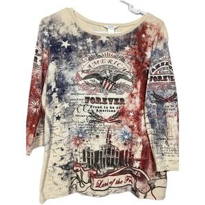 Christopher & Banks America Shirt Women Large Red Blue 100% Cotton Patriotic USA